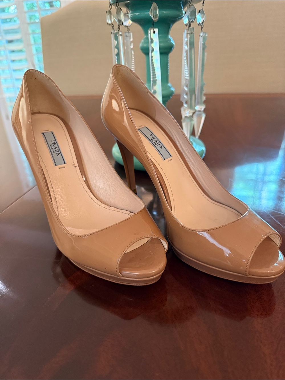 Prada Tan Patent Leather Peep-Toe Pumps